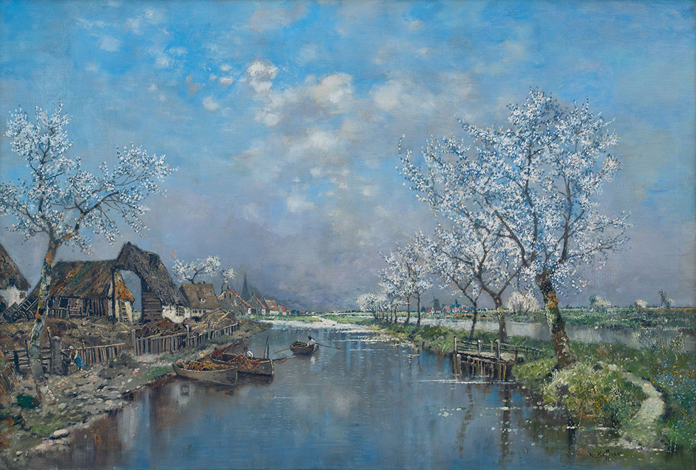 Weite Flusslandschaft mit blühenden Kirschbäumen. Karl Heffner